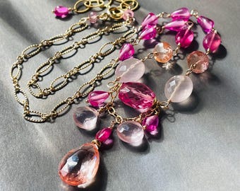 Pink Sapphire Rose Quartz Gold Filled Necjlace. Dainty Gemstone Necklace. Sapphire Jewelry Gift