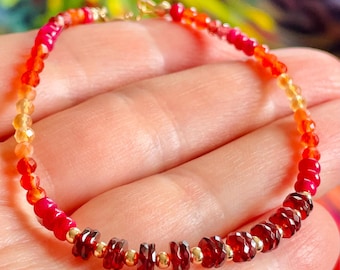 Colorful Gemstone Stacking Bracelet, Beaded with Garnet, Mexican Opal and Ruby