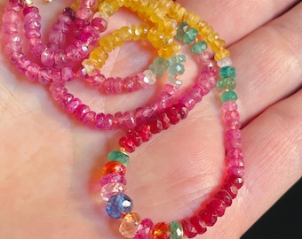 Multi Color Sapphire and Emerald Hand Knotted Necklace. Colorful Pink Yellow Green Gemstone Choker. Gift For Her