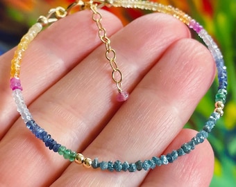 Diamond, Emerald and Multi Color Sapphire Beaded Bracelet: Delicate Pink and Yellow Sapphire Gold Filled Stacking Jewelry