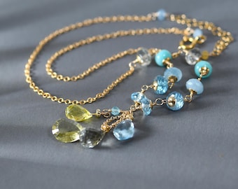 Aquamarine, Topaz, Amazonite Dainty Gold Filled Necklace with Mixed Gem Pendant. Blue Gemstone Jewelry