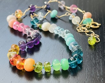 Rainbow Gemstone Choker Necklace. Hand Knotted Mixed Gemstone Necklace. Pink, Purple, Gold, Green, Blue Choker. N88/23