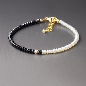 Black Spinel Bracelet. Spinel and Pearl Stacking Bracelet. Black And White Beaded Bracelet