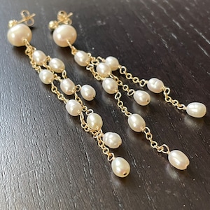 Long Pearl Tassel Earrings: Gold Filled Chain Dangle Earrings