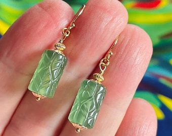 Serpentine Gold Filled Drops. Short Green Gemstone Earrings