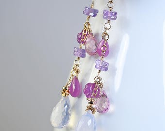 Amethyst,  Sapphire Long Gold Filled Earrings. Purple and Pink Gem Gemstone Dangles