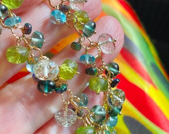 Green Gemstone Cluster Bracelet, Boho Statement Bracelet with Peridot, Spinel and Amethyst