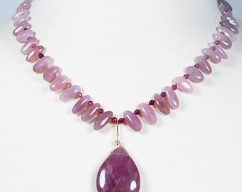 Rose Quartz  and Multi Color Spinel Statement Necklace. Hand Knotted Mauve Quartz Choker with Pendant