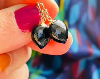 May include: A pair of black gemstone earrings with gold-toned hooks. The gemstones are faceted and have a dark, almost black, color.