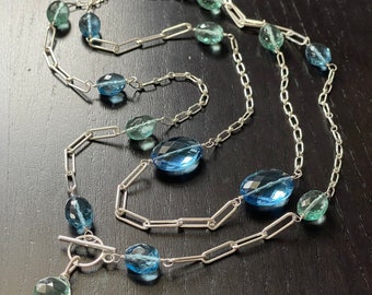 Blue and Green Quartz Long Sterling Silver Necklace. Silver Chain Lariat. Bohemian Blue Gemstone Jewelry. Paperclip Chain Necklace.  LN88/24