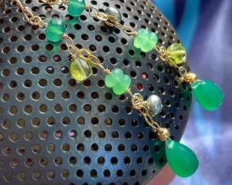 Chrysoprase, Peridot, Green Onyx Gold Filled Dangle. Emerald Green Gem Earrings. Dainty Gemstone Gift Earrings. E283/24