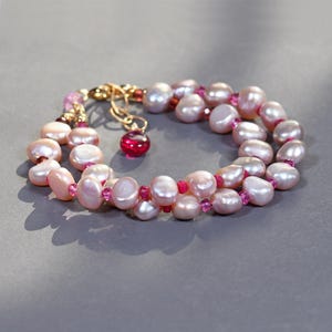 Pink Pearl Bracelet: Ruby, Garnet & Topaz Gemstones, Gold Filled