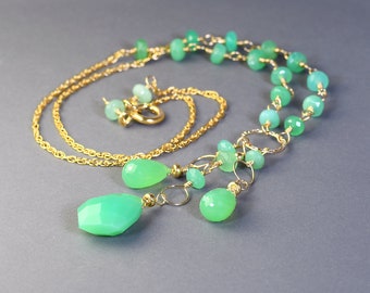Chrysoprase Necklace. Green Chrysoprase Gold Filled Choker With Tassel Pendant. Apple Green Gem And Chain Necklace. N118/24