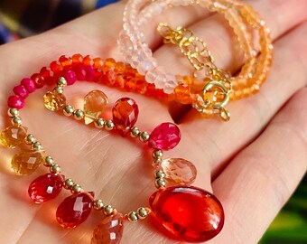 Mexican Fire Opal Necklace, Orange Sapphire & Citrine Ombre Hand Tied Necklace. Gemstone Gold Filled Statement Jewelry