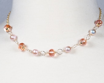 Peach Sapphire and Pink Pearl Gold Filled Choker. Sapphire Statement Necklace. Peach Gem Short Gold Necklace for Women. N109/24