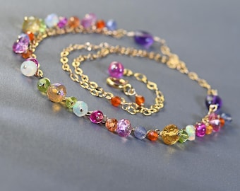 Dainty Colorful Gemstone Necklace with Opal, Pink Topaz, Citrine, Peridot Dangles