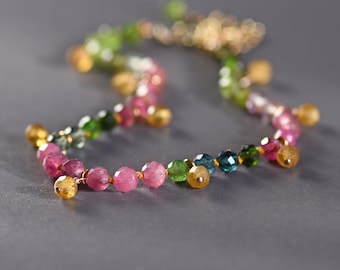 Multi-Color Tourmaline Hand-Knotted Bracelet with Gold Filled Charms