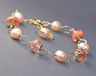Pink Pearl And Peach Sapphire Gold Filled Wire Wrapped Bracelet. Padaradscha Sapphire Bracelet. Dainty Gems and Pearl Bracelet. B132/24