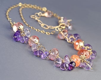 Amethyst and Sapphire Statement Choker. Gold Filled Padparadscha Sapphire, Purple and Pink Amethyst Necklace. With Gemstone Dangles. N127/24