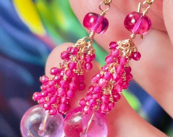 Pink Spinel and Sapphire Statement Earrings. Colorful Gemstone Cluster Dangles. Pink Jewelry