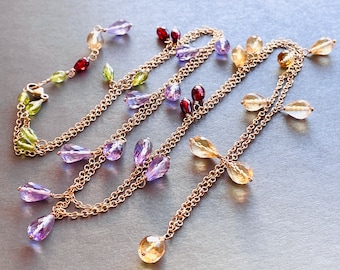 Long Citrine, Pink Amethyst and Peridot Necklace. Delicate Colorful Gemstone Dangle Lariat. Bohemian Gold Filled Necklace. LN83/24