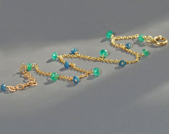 Blue Diamond and Emerald Bracelet. Delicate Zambian Emerald and Rough Diamond Char Bracelet. Gold Filled Dainty Stacking Jewelry. B28/22