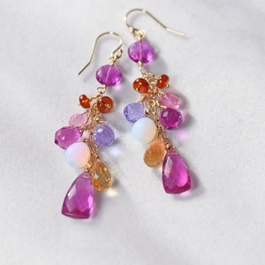 Magenta Quartz Multi Gemstone Earrings. Pink Gold Purple Quartz Gold ...