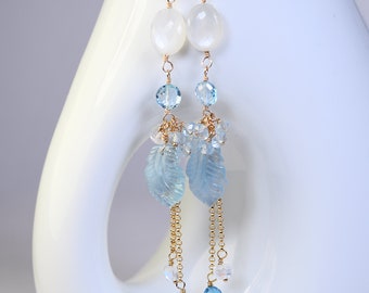 Aquamarine, Moonstone Blue Topaz Long Gold Filled Earrings. Blue Gemstone Shoulder Duster. Gemstone Earrings For Her. E193/24