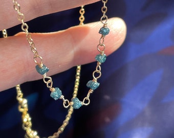 Blue Diamond Dainty Gold Filled Choker. Delicate Teal Diamond Nugget Necklace. N75/23