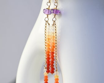 Mexican Opal Dangle Earrings. Colorful Ombre Gemstone Earrings. Long Tassel Earrings. Orange Gem Dangle. Gift For Her. E288/24