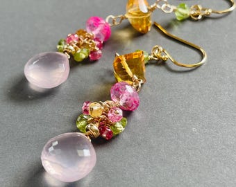 pastele gem dangle earrings. Tourmaline, Citrine and Rise Quartz Gold Filled Earrings