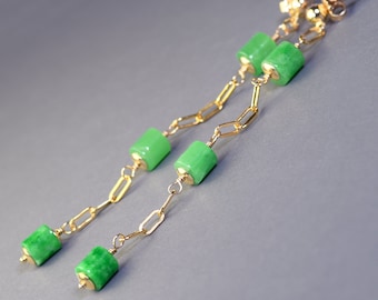 Long Jade Gold Filled Dangles. Chain and Green Gemstone Earrings. Bohemian Jade Jewelry. Gift. Birthday. Graduation. Mother's Day.