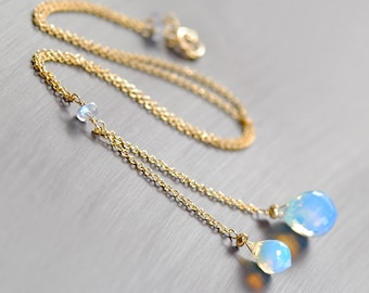 Opalite Y Style Gold Filled Necklce by Agusha. White Gemstone Necklace. N401/21