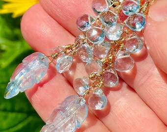 Blue Topaz and Carved Aquamarine Long Gold Filled Dangles . Blue Gemstone Gift Jewelry. Wedding Earrings