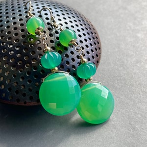 Chrysoprase, Onyx, Chalcedony Earrings. Green Gem Statement Dangles