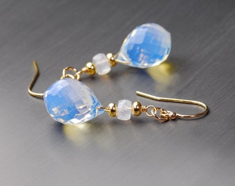 Opalite and Rainbow Moonstone Dangle By Agusha. White Gemstone Earrings. E504/21