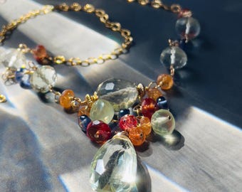 Green Amethyst, Orange Garnet, Sapphire Cluster Necklace. Gold Filled Colorful Gemstone Jewelry