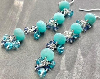 Amazonite Sterling Silver Statement Earrings. Long Blue Gemstone Dangles with Apatite and Sapphire