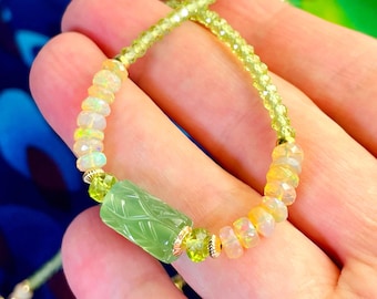 Carved Serpentine, Opal and Peridot Gold Filled Choker. Green Gemstone Beaded Necklace