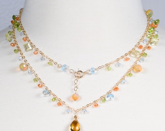 Blue Topaz, Ethiopian Opal, Spessonite Garnet and Peridot Gold Filled Lariat. Colorful Mixed Gemstone Bohemian Necklace. LN74/23