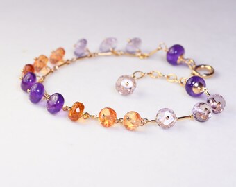 Amethyst and Gold Sapphire  Gold Filled Bracelet.Purple and Lilac Gem Layering Bracelet. Chain Bracelet with Dangles. B105/23