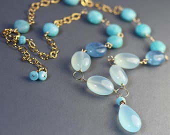 Blue Chalcedony Necklace, Aquamarine & Amazonite Gemstone Necklace, Gold Filled Statement Jewelry, Coastal Luxury Gift