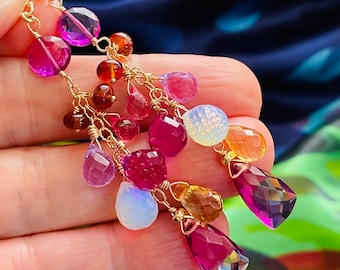Magenta Quartz Multi Gemstone Earrings. Pink Gold Purple Quartz Gold Filled Earrings. Colorful Statement Jewelry. E90/22