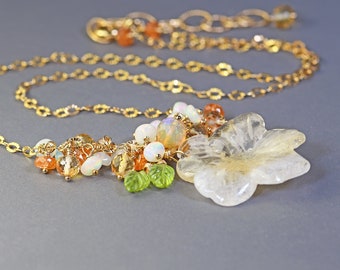 Citrine and Ethiopian Opal Statement Necklace. Carved Citrine  Flower Pendant. Gemstone Cluster  Gold Filled Choker. N116/24