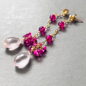 Ruby, Spinel & Rose Quartz Gold Filled Dangle Earrings