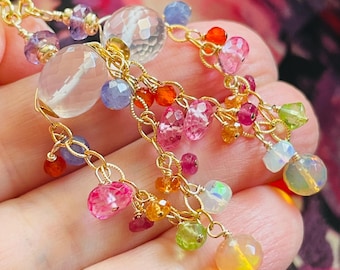 Colorful Multi Gemstone Gold Dangles.  Rose Quartz, Topaz, Tanzanite, Opal Earrings. Fiesta Color Boho Jewelry