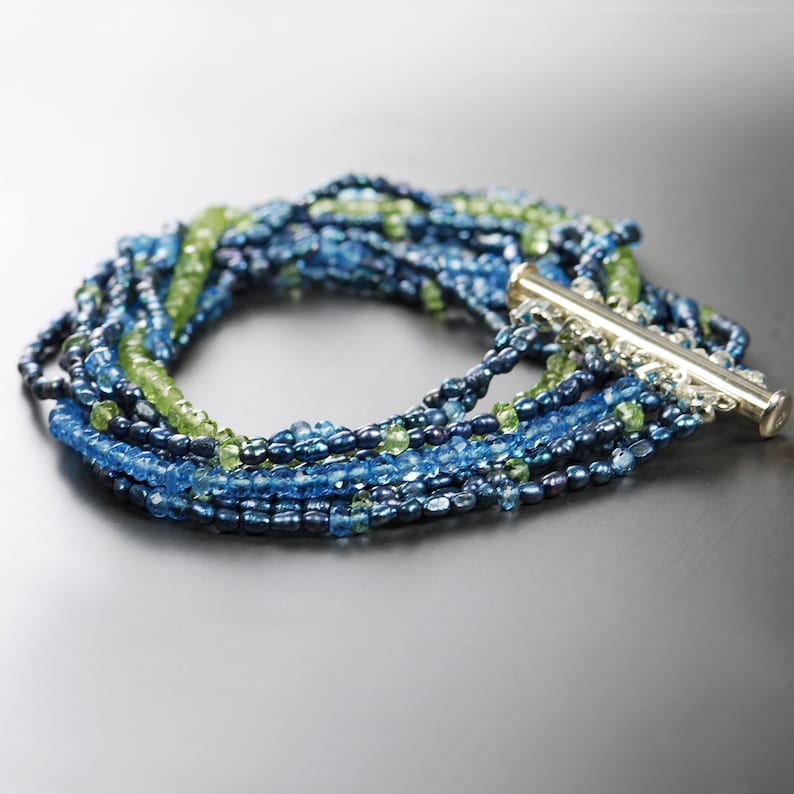 by Agusha Pearl Sterling Silver Cuff Peridot Topaz B008219 Multi Strand Gemstone and Pearl Bracelet