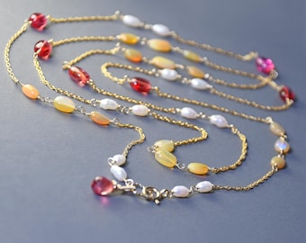 Sapphire Opal Pearl Lariat Necklace, Colorful Red Yellow Long Gold Filled Boho Necklace