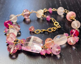 Rose Quartz, Spinel, Sapphire Gold Filled Bracelet, Wire Wrapped Gemstone Jewelry