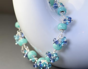 Amazonite Sterling Silver Bracelet, Blue Sapphire Aqua Apatite Cluster, Handmade Blue Statement Bracelet